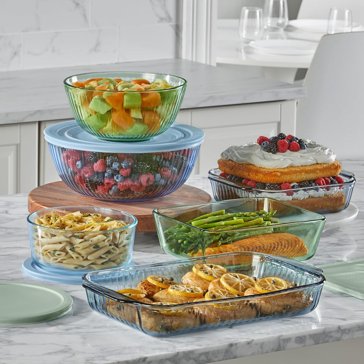 Pyrex Colors Tinted (Full Set) Sculpted Tinted Glass Mixing Bowls With Plastic Lids, Nesting Space Saving Set of Bowls For Prepping and Baking, 1.3QT, 2.3QT & 4.5QT
