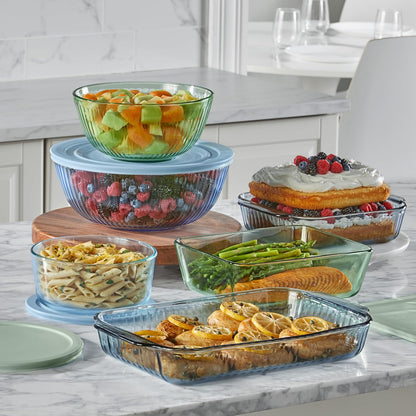 Pyrex Colors Tinted (Full Set) Sculpted Tinted Glass Mixing Bowls With Plastic Lids, Nesting Space Saving Set of Bowls For Prepping and Baking, 1.3QT, 2.3QT & 4.5QT