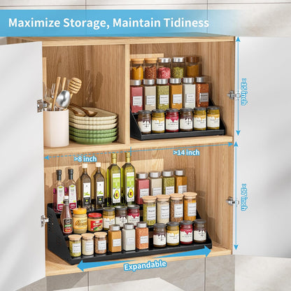BOIVSHI Spice Rack, Spice Organization for Cabinet - Expandable Width, 3 Tiered Spice Rack Organizer for Cabinet - Adjustable Height, Seasoning Organizer for Cabinet, Countertop, Pantry, White