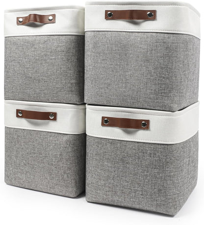 Bagnizer Large Fabric Storage Baskets | 50L Storage Bins, Decorative Linen Closet Baskets with Handles for Organizing, Shelf, Toys, Clothes, Home, Office, Nursery, 17x12x15Inches (Grey&White)