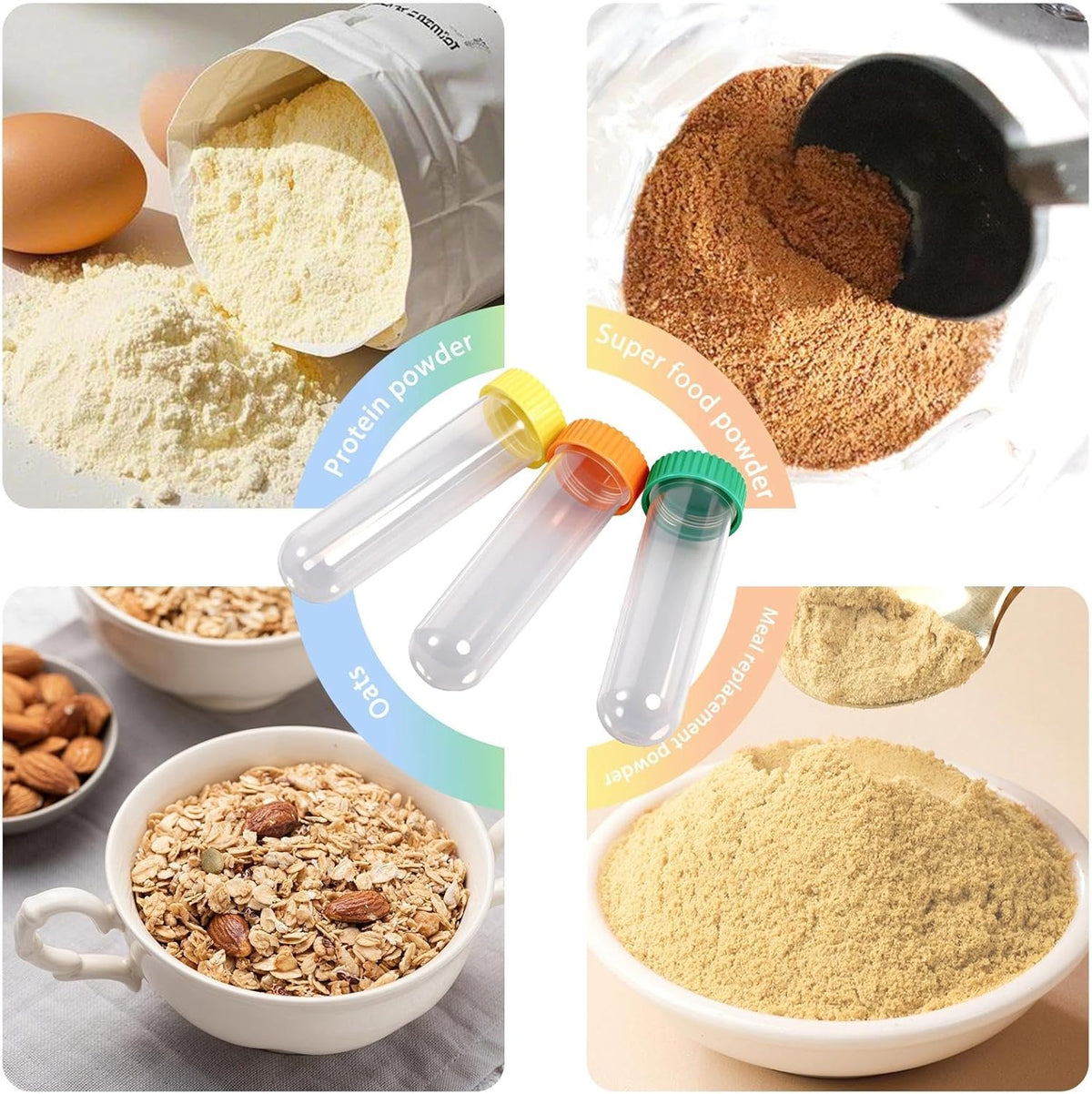 Protein Powder Travel Container Set 12 Pack – 8x50ml & 4x100ml Leak Proof Reusable Supplement Powder Container to Go with Funnel & Labels, Portable Gym Protein Storage for Fitness, Work, Travel