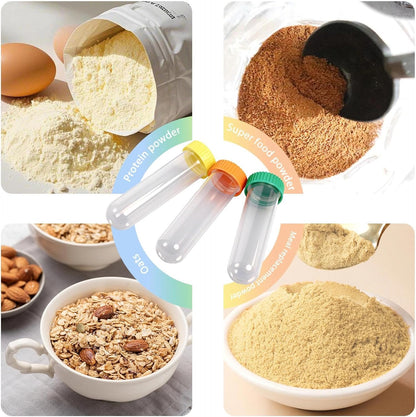 Protein Powder Travel Container Set 12 Pack – 8x50ml & 4x100ml Leak Proof Reusable Supplement Powder Container to Go with Funnel & Labels, Portable Gym Protein Storage for Fitness, Work, Travel