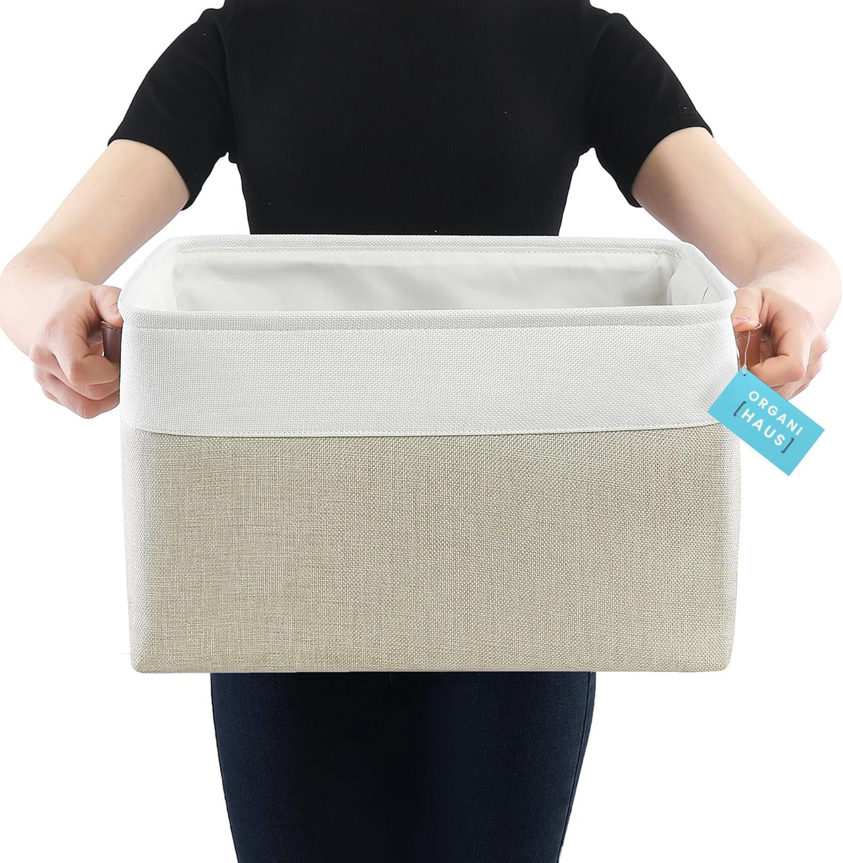 OrganiHaus 12x8in Canvas Storage Baskets 3 Pack | SMALL Fabric Bins for Shelves | Pantry & Bathroom Organizer | Beige/Off-White