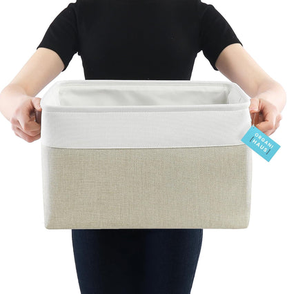 OrganiHaus 12x8in Canvas Storage Baskets 3 Pack | SMALL Fabric Bins for Shelves | Pantry & Bathroom Organizer | Beige/Off-White