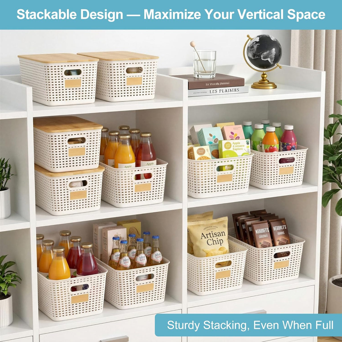 Bagnizer Small Plastic Storage Bins with Bamboo Lids 5.2qt Stackable Box Basket Pantry Decorative Containers Cute with Labels for Organizing Desktop Closet Office Cream White of 10*7.2*4.1"