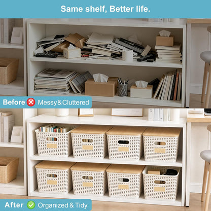 Bagnizer Small Plastic Storage Bins with Bamboo Lids 5.2qt Stackable Box Basket Pantry Decorative Containers Cute with Labels for Organizing Desktop Closet Office Cream White of 10*7.2*4.1"