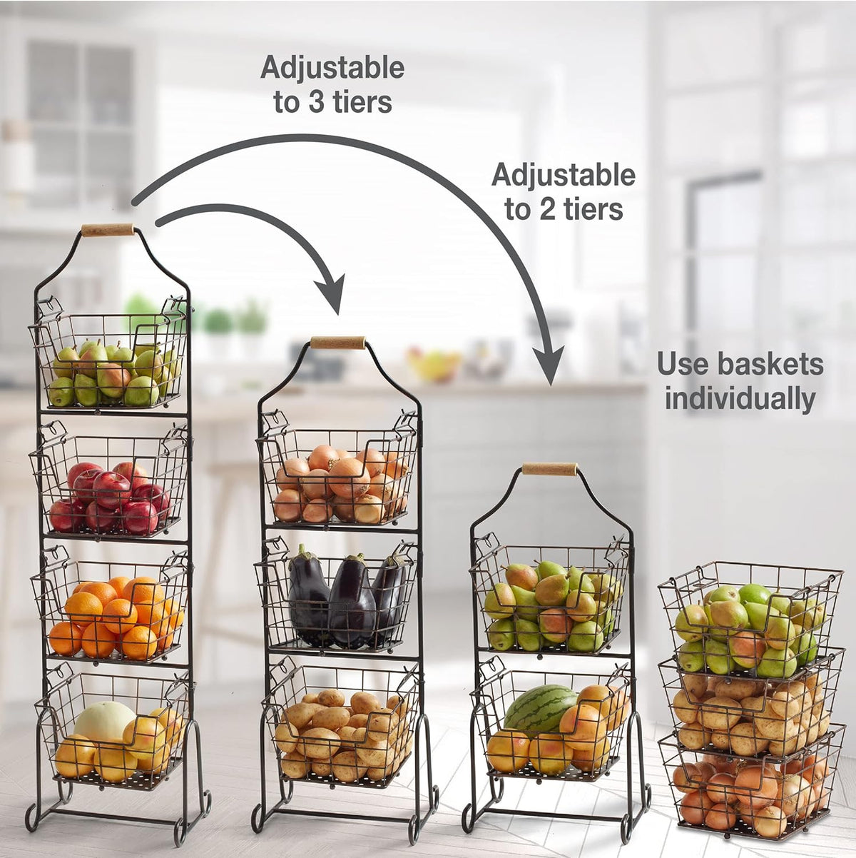 Mikasa Gourmet Basics Ferme 4-Tier Market Basket - Antique Black Wire and Acacia Wood Handle, Kitchen Fruit Vegetable Storage Organizer, 13.5 x 11.5 x 51 Inches
