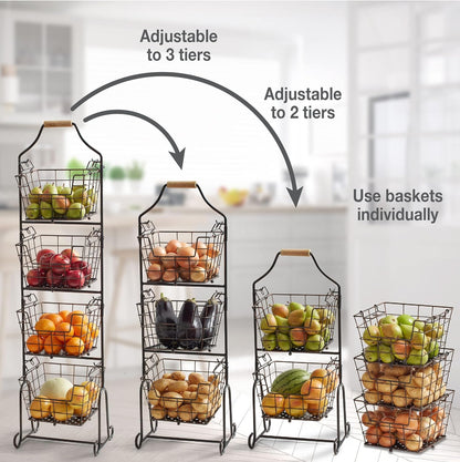 Mikasa Gourmet Basics Ferme 4-Tier Market Basket - Antique Black Wire and Acacia Wood Handle, Kitchen Fruit Vegetable Storage Organizer, 13.5 x 11.5 x 51 Inches