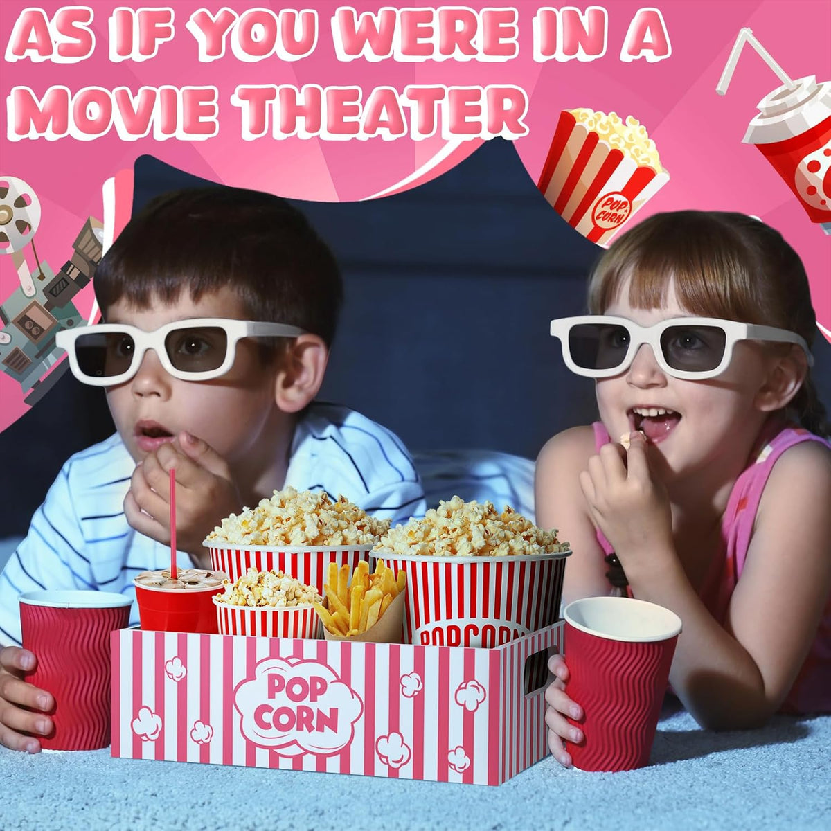 Movie Night Supplies Snack Trays with Handles Reusable Wooden Movie Gift Basket for Theater Popcorn Bucket Bowl Box Container Family Room Decor(Classic Style)