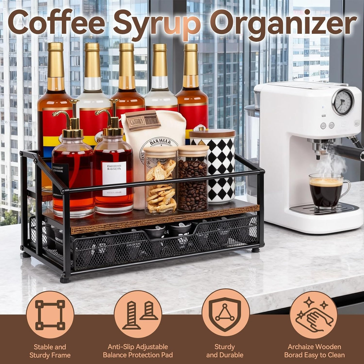 kimilus Coffee Syrup Rack Organizer, 4-Tier 12 Bottle Syrup Rack with 35 K Cup Drawer for Coffee Bar, Countertop Bottle Holder Stand for Dressing for Kitchen Cafe Station