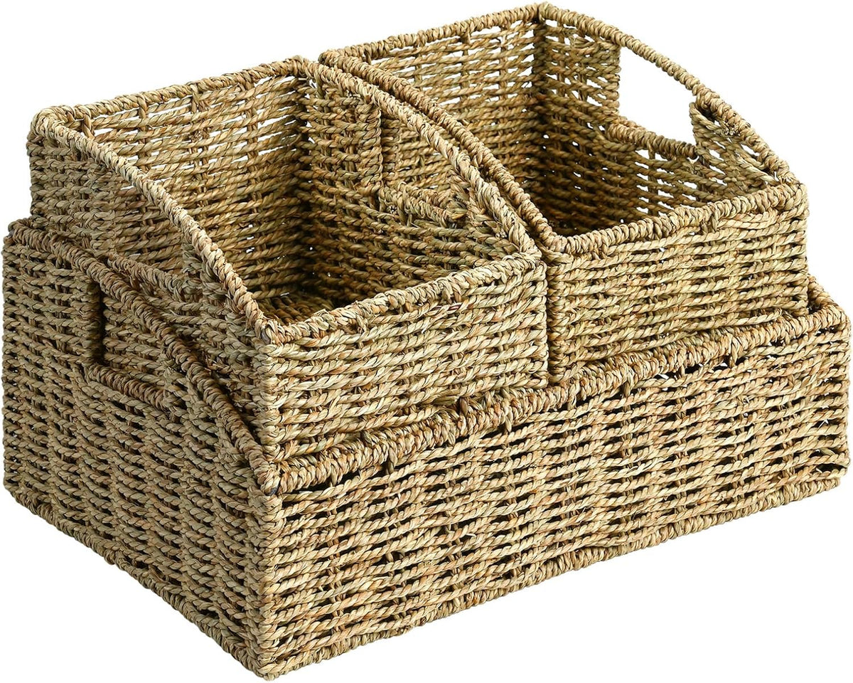 Rattan Storage Baskets, Handwoven Wicker Storage Bins with Built-in Handles, Storage Container Baskets for Shelves, Bedroom, Bathroom, Laundry Room or Kitchen(Natural)