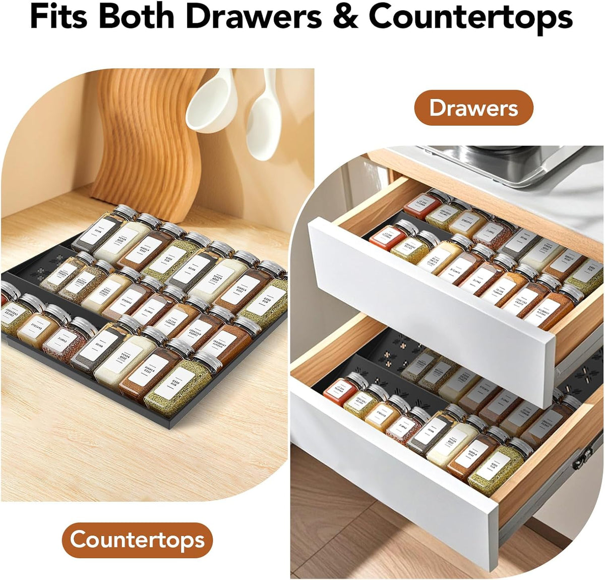 Spice Drawer Organizer 3-Tier Expandable (11"-22" Wide), Spice Rack for Cabinet with Funnel & Spice Labels, Fits Large Jars, Seasoning Storage Insert Design for Cabinet & Drawer (Black)