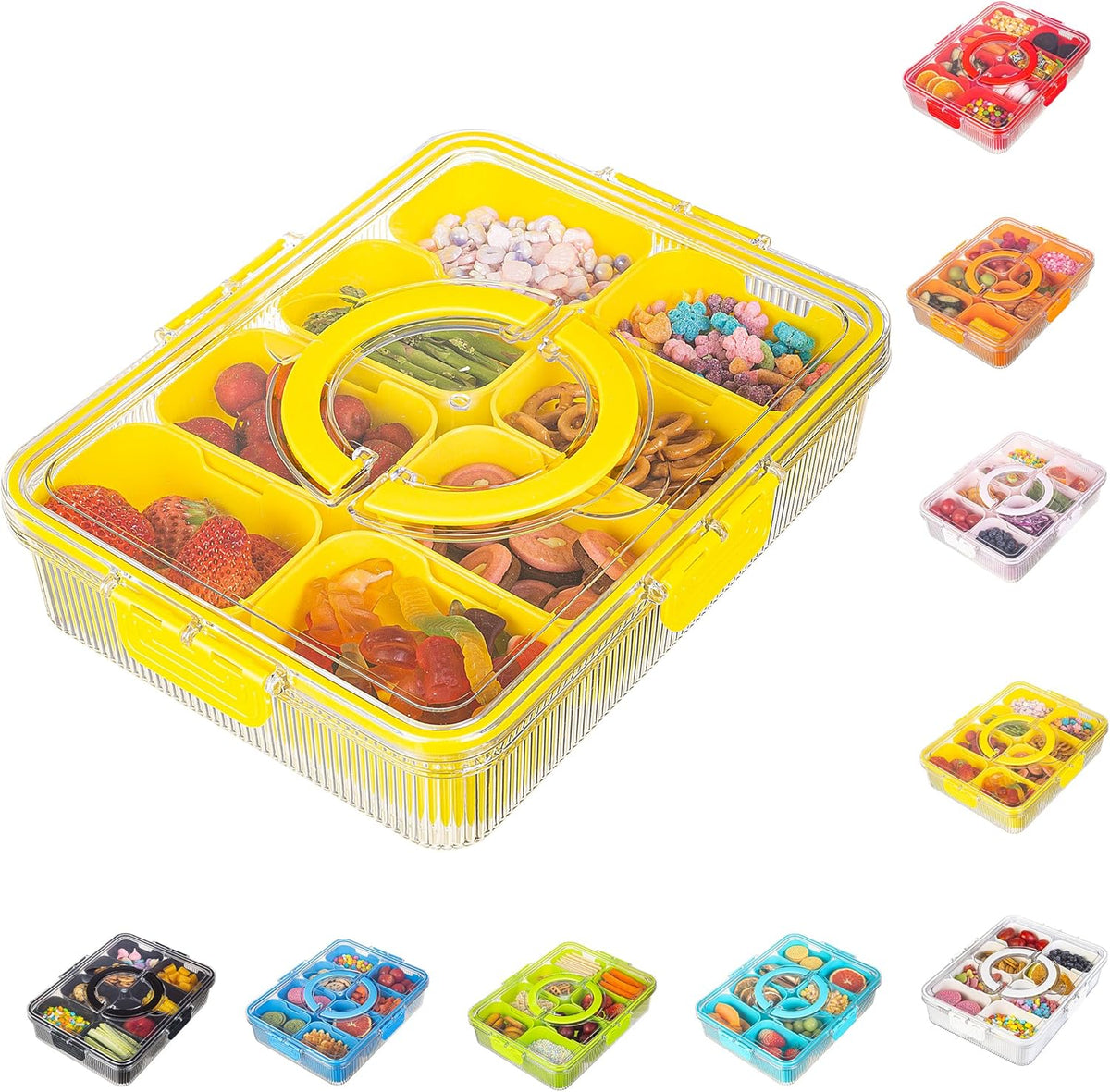 Patent Design Ribbed Snackle Box Container Snack Container Divided Serving Tray with Lid and Handle, 8 Divider Portable Snacklebox for Travel Beach for Charcuterie Veggie Fruit Candy,1 Pack