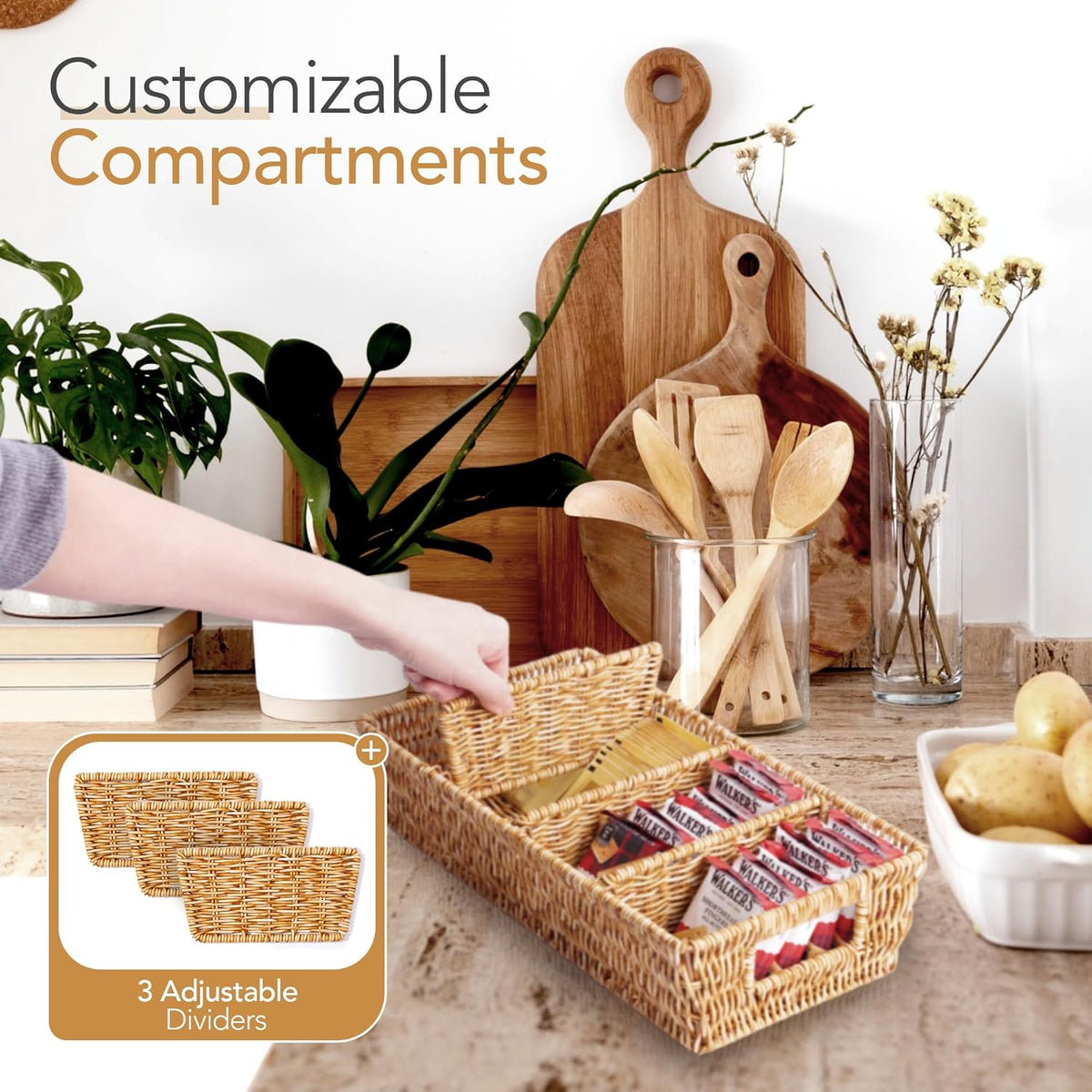 Nature-Inspired Rattan Pantry Organizer Baskets Set of 2 with 3 Removable Dividers – Handwoven Storage Bins for Kitchen or Bathroom Organization, Ideal for Snacks, Coffee & Tea (13” x 7.3” x 3.7”)