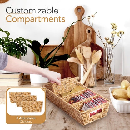 Nature-Inspired Rattan Pantry Organizer Baskets Set of 2 with 3 Removable Dividers – Handwoven Storage Bins for Kitchen or Bathroom Organization, Ideal for Snacks, Coffee & Tea (13” x 7.3” x 3.7”)
