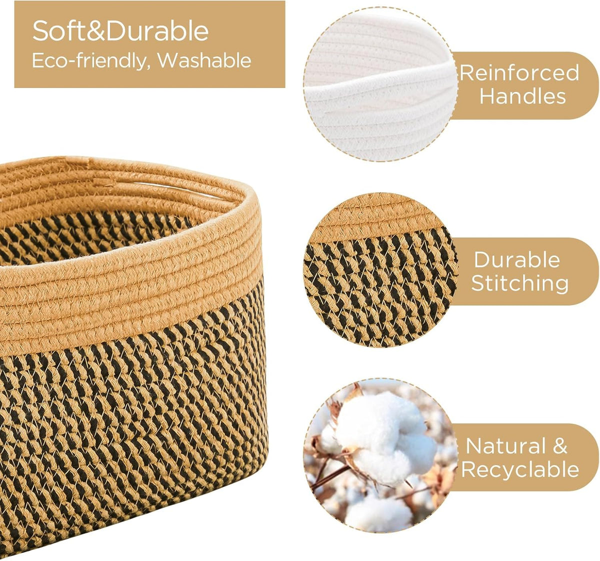 R RUNKA Small Cotton Rope Basket – Storage Bin for Organizing (10.6" x 6.7" x 6.7"), Bathroom Storage Basket for Shelf, Counter & Closet（Beige）
