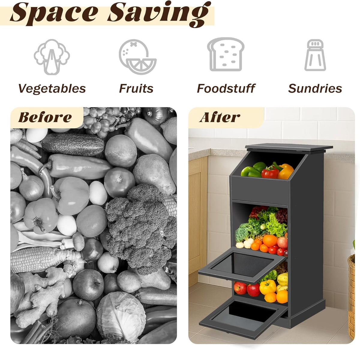 Potato Storage Bin, 3-Tier Potato and Onion Storage Bin with Lid, Wooden Bread Box for Fruit and Vegetable,Food Storage Containers for Kitchen Pantry (Oak)
