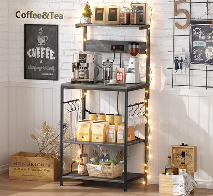 SUPERJARE Kitchen Bakers Rack with Power Outlet, Coffee Bar Table 4 Tiers, Kitchen Microwave Stand with 6 S-shaped Hooks, Storage Shelf Rack for Spices, Pots and Pans - Rustic Brown