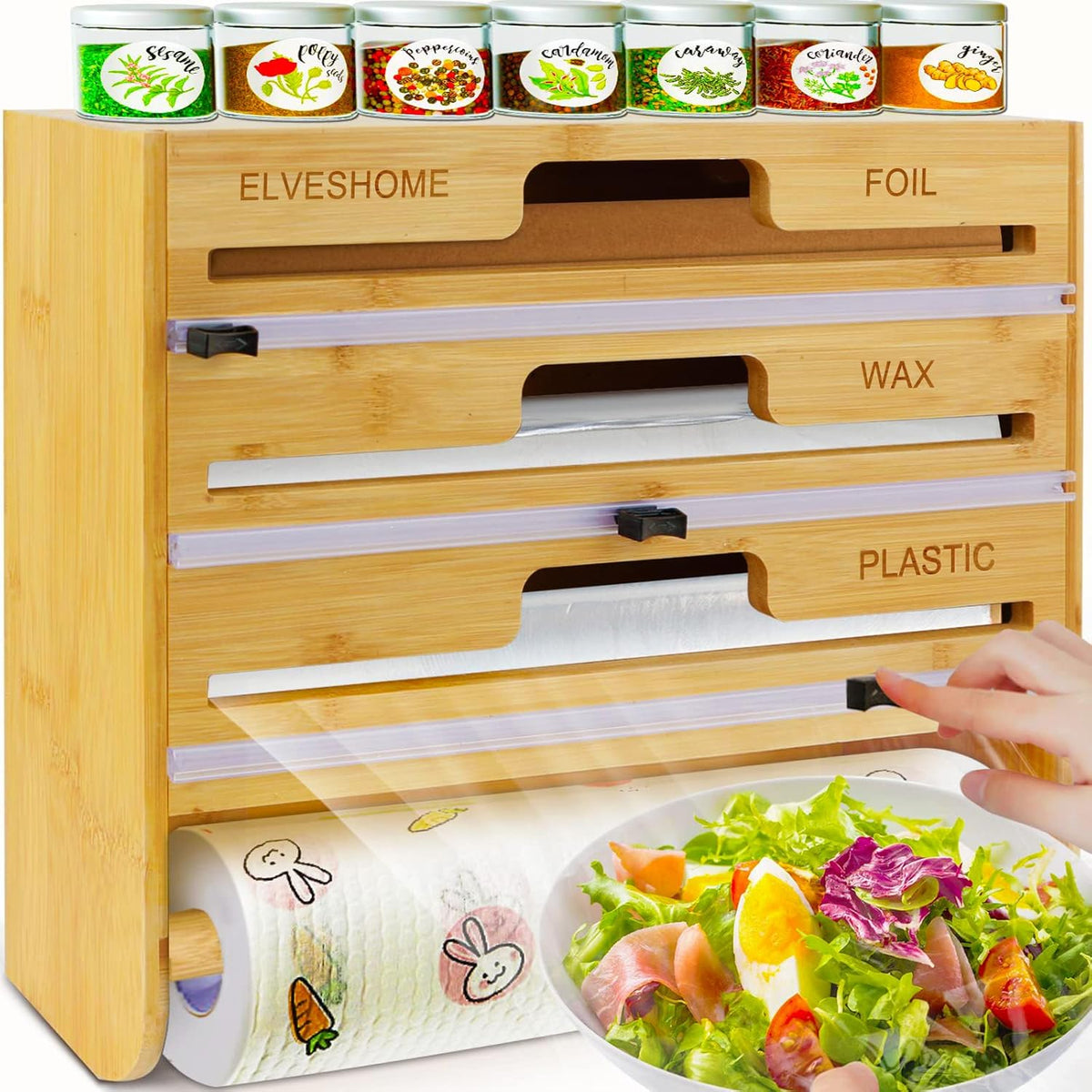 5 in 1 Foil and Plastic Wrap Organizer with Cutter, Plastic Wrap Food Dispenser with Paper Towel Holder for 12 inch Roll Wax Paper Parchment, Wall Mount Aluminum Foil Dispenser for Kitchen Storage