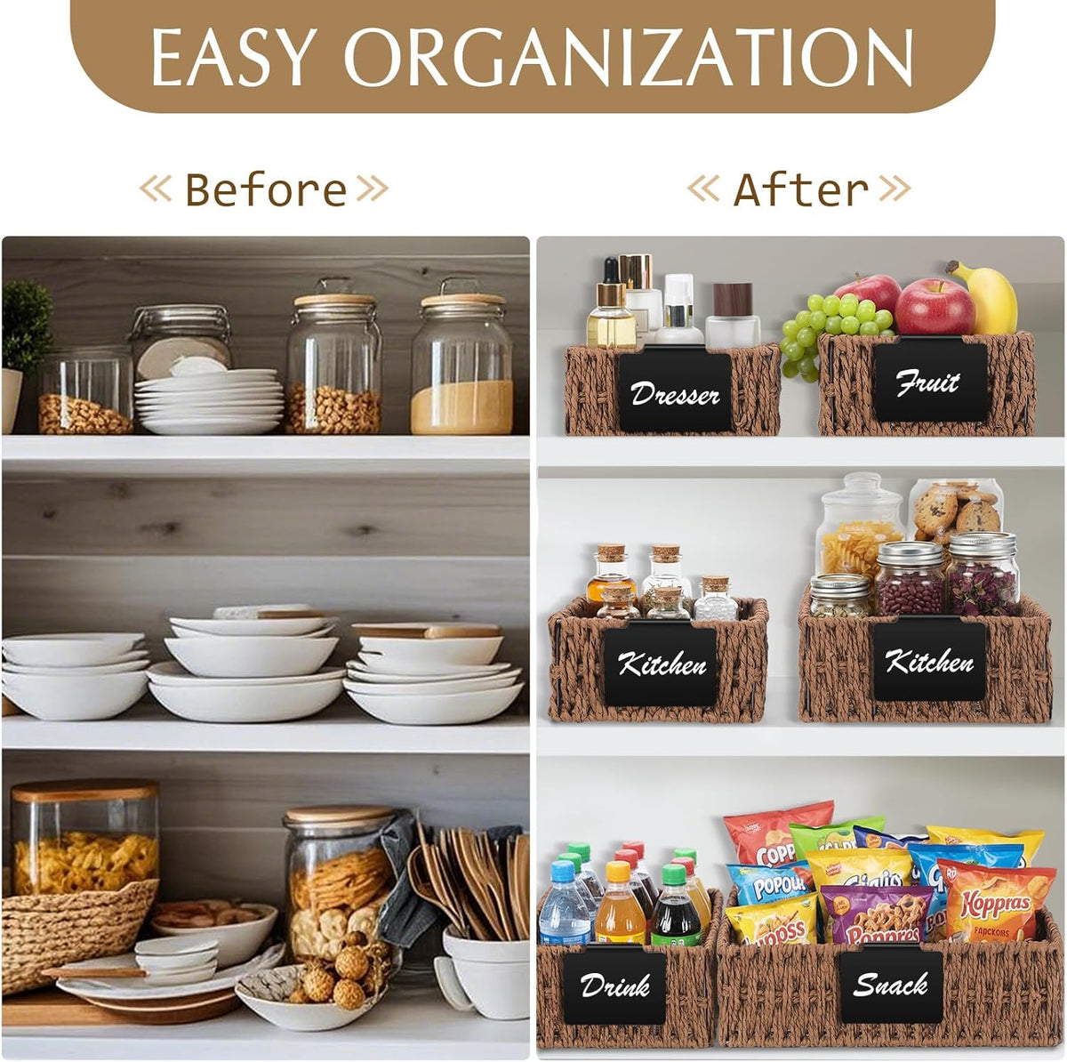 Marsui 9 Pcs Wicker Storage Baskets for Pantry Organization with Handle Labels Handwoven Multi-size Dark Brown Small Organizer Baskets Storage Bin Container for Shelves Closet Toilet Christmas Holiday