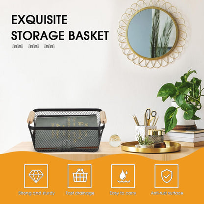 Ziliny 4 Pcs Metal Mesh Wire Baskets with Wooden Handles for Organizing, Pantry Organizers and Storage Steel Bin Kitchen Baskets for Fruit Potato Onion Snacks Bathroom Cabinet(Small,Black)