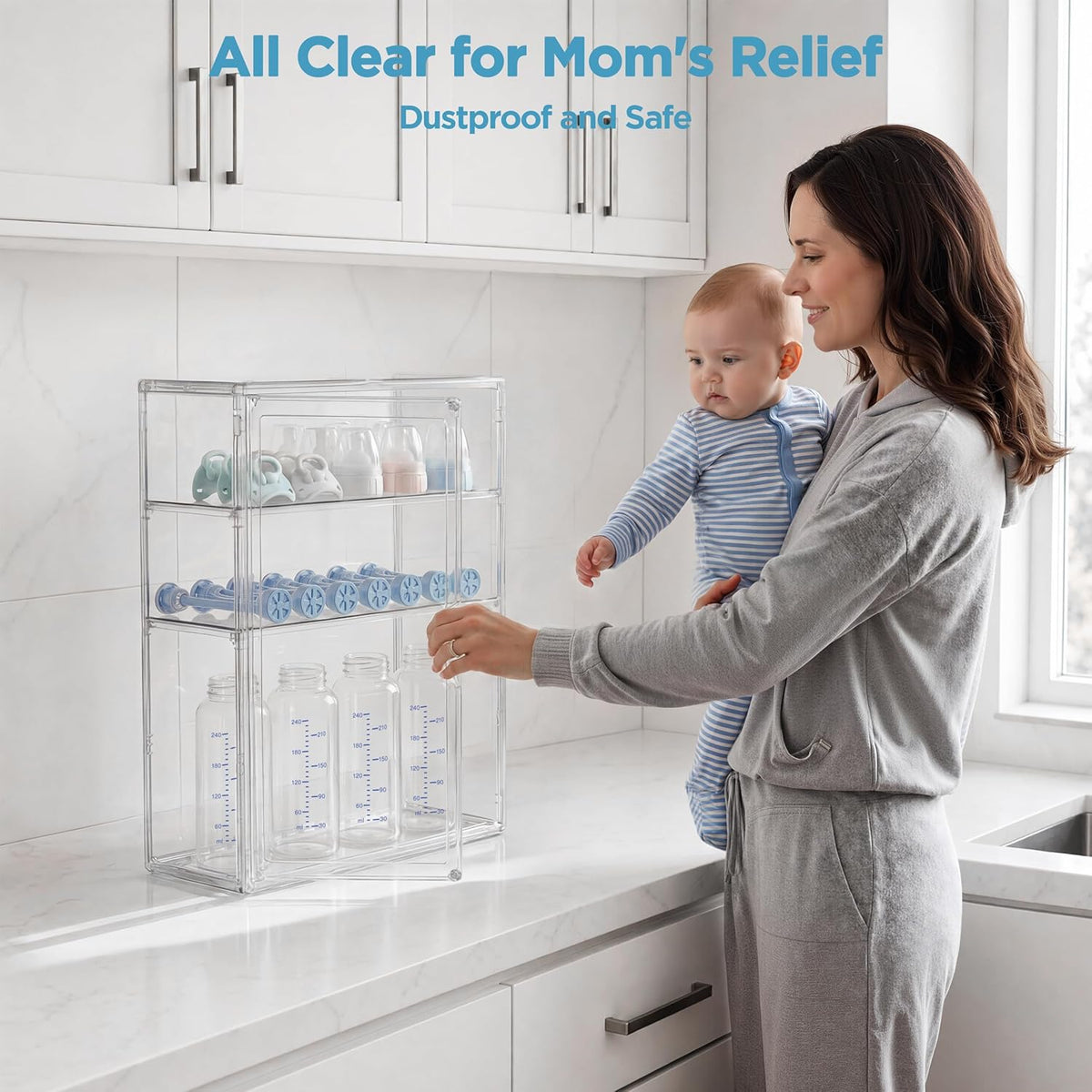 HBlife Baby Bottle Storage Organizer for Countertop Cabinet, 3 Tiers Adjustable Clear Acrylic Bottles Storage Station Case Box Container with 2 Removable Dividers and Magnetic Door, Large