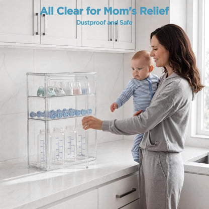 HBlife Baby Bottle Storage Organizer for Countertop Cabinet, 3 Tiers Adjustable Clear Acrylic Bottles Storage Station Case Box Container with 2 Removable Dividers and Magnetic Door, Large