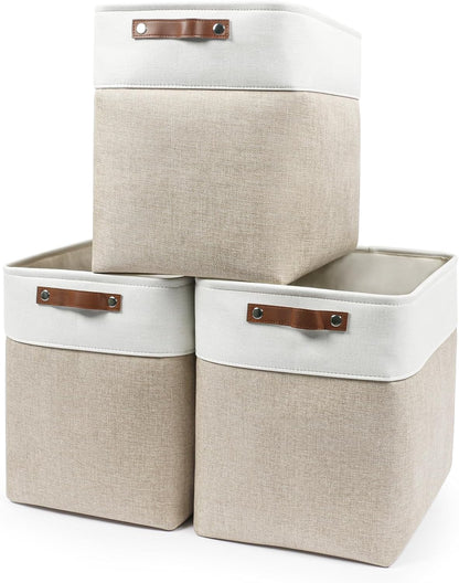 Bagnizer Large Fabric Storage Baskets | 50L Storage Bins, Decorative Linen Closet Baskets with Handles for Organizing, Shelf, Toys, Clothes, Home, Office, Nursery, 17x12x15Inches (Grey&White)