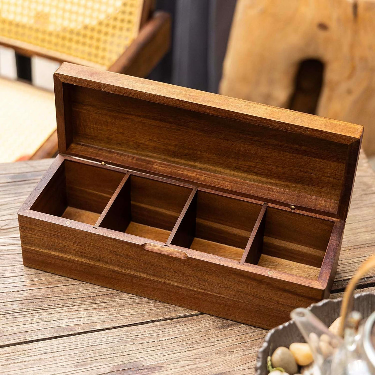 Acacia Wooden Tea Bag Organizers, Tea packet Storage Boxes, Tea Caddy for Tea Bags Chest, Teabag Holder Containers, Teabox Station Display, Organizador De Tes Caja Para Te, 4 Compartments