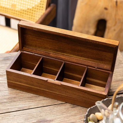 Acacia Wooden Tea Bag Organizers, Tea packet Storage Boxes, Tea Caddy for Tea Bags Chest, Teabag Holder Containers, Teabox Station Display, Organizador De Tes Caja Para Te, 4 Compartments