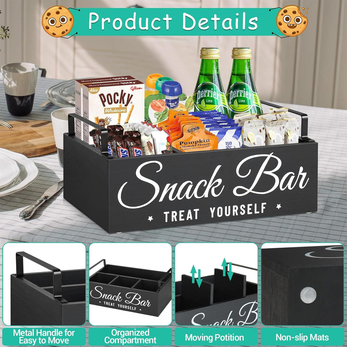 Snack Organizer for Countertop, Wood Pantry Storage Bins with Handles, Snack Bar Organizer for Kitchen, Office, 4 Compartment Food Container Snack Box with Drawer, Pantry Organizer for Chips, Candy