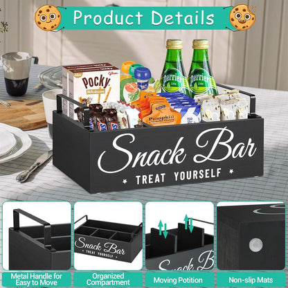 Snack Organizer for Countertop, Wood Pantry Storage Bins with Handles, Snack Bar Organizer for Kitchen, Office, 4 Compartment Food Container Snack Box with Drawer, Pantry Organizer for Chips, Candy