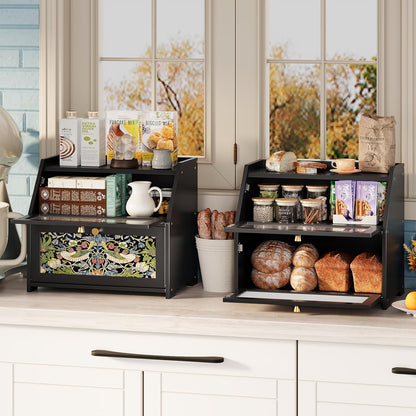 Trironsun Bread Box for Kitchen Counter Black Bread Storage Container with Acrylic Door William Morris Flower Bird Design Farmhouse Breadbox Organizer (Black)