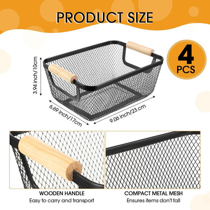 Ziliny 4 Pcs Metal Mesh Wire Baskets with Wooden Handles for Organizing, Pantry Organizers and Storage Steel Bin Kitchen Baskets for Fruit Potato Onion Snacks Bathroom Cabinet(Small,Black)