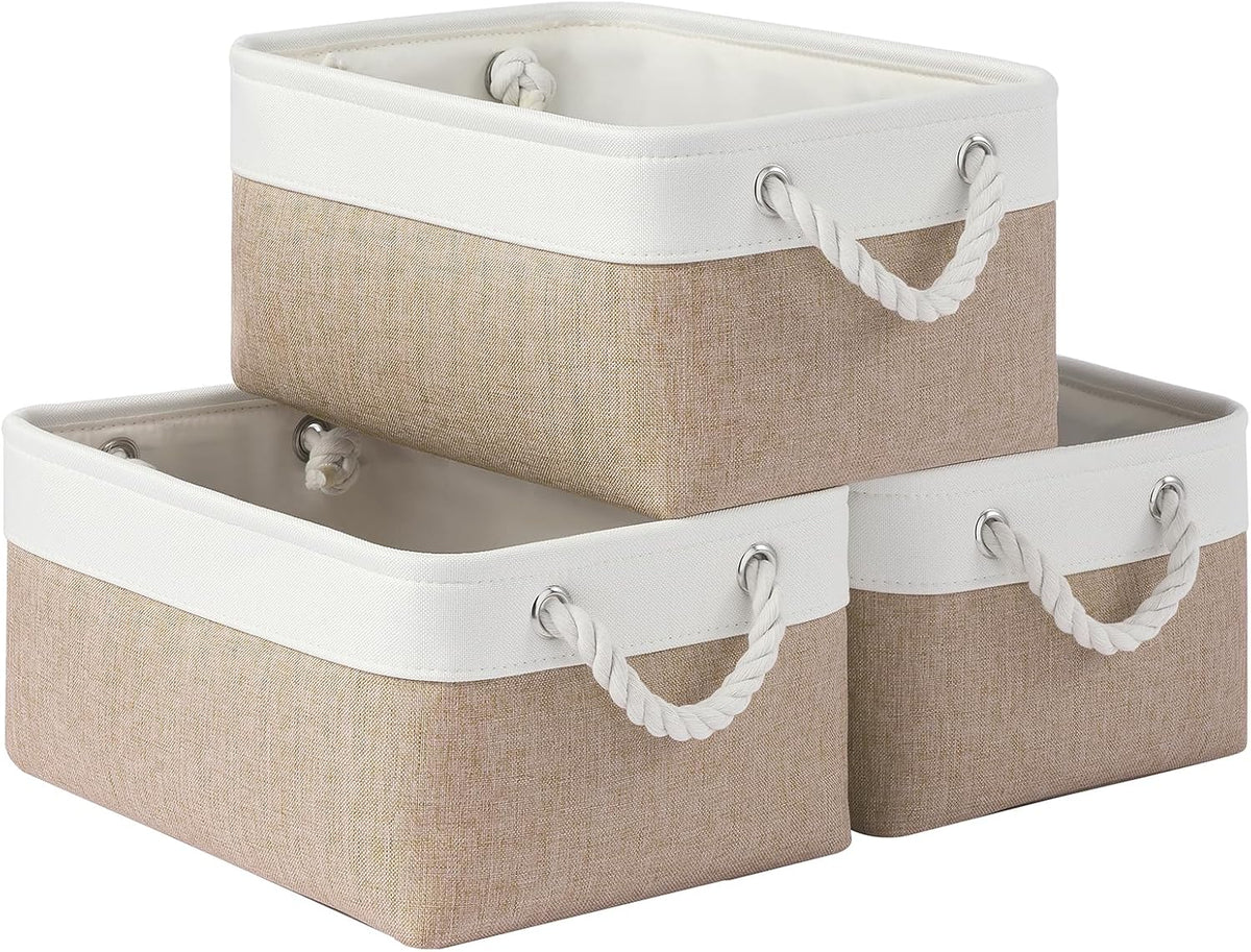 Large Storage Baskets- 15.7x11.8x8.26 inch Storage Bins for Shelves and Closet Organizing, Foldable Fabric Bin for Home Organization Clothes and Laundry (3-Pack, White&Khaki)