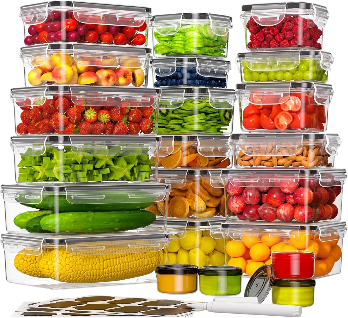 KEMETHY Food Storage Containers with Lids(18 Container & 18 Lid), Plastic Food Containers for Pantry & Kitchen Storage and Organization, BPA-Free, Leak Proof, Reusable with Labels & Pen