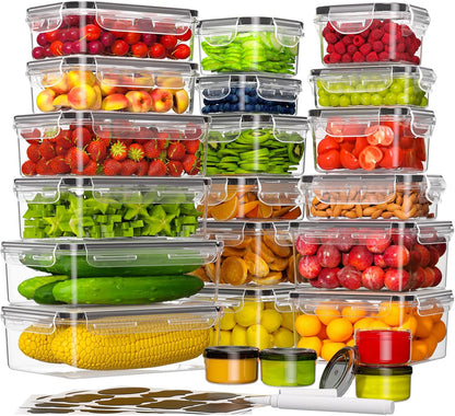 KEMETHY Food Storage Containers with Lids(18 Container & 18 Lid), Plastic Food Containers for Pantry & Kitchen Storage and Organization, BPA-Free, Leak Proof, Reusable with Labels & Pen