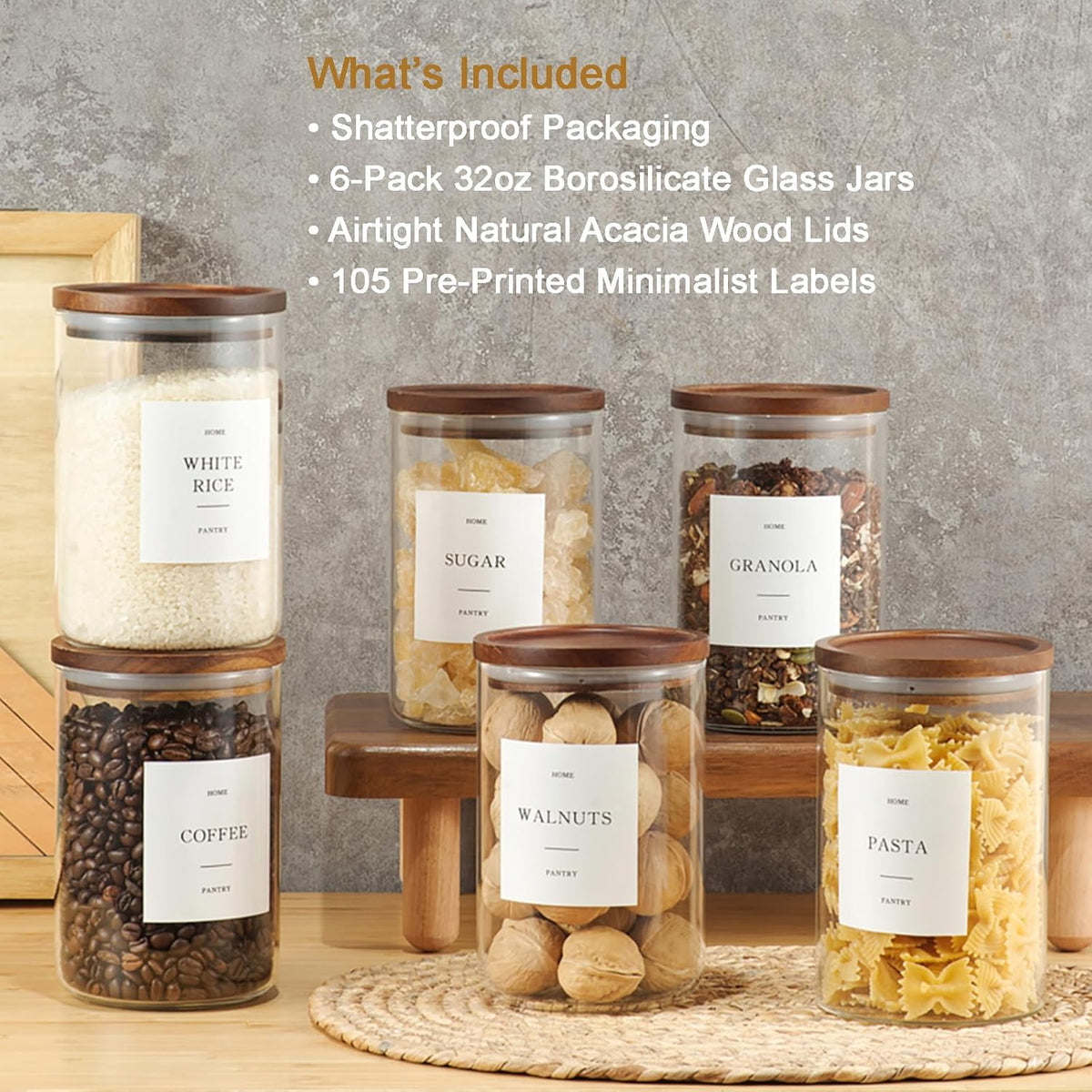 Glass Rice Containers with Acacia Wood Lids, 70oz Airtight Flour and Sugar Jars with 105 Labels, Large Glass Pantry Storage Jars for Cereal, Protein Powder, Cookies, Dry Food