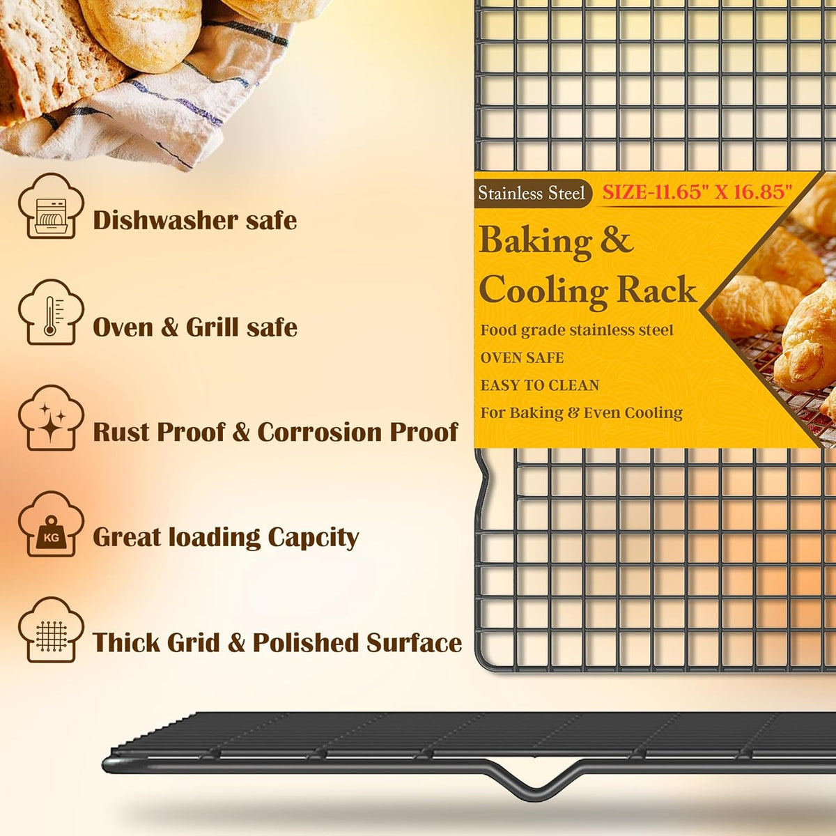 2PCS Cooling Racks for Cooking and Baking - 10" x 15"Heavy Duty Stainless Steel Wire Rack for Baking, Grilling, Roasting - Oven & Dishwasher Safe - Fits Jelly Roll Sheet Pan-Silver