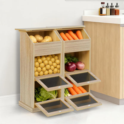 Potato Storage Bin, 3-Tier Potato and Onion Storage Bin with Lid, Wooden Bread Box for Fruit and Vegetable,Food Storage Containers for Kitchen Pantry (Oak)