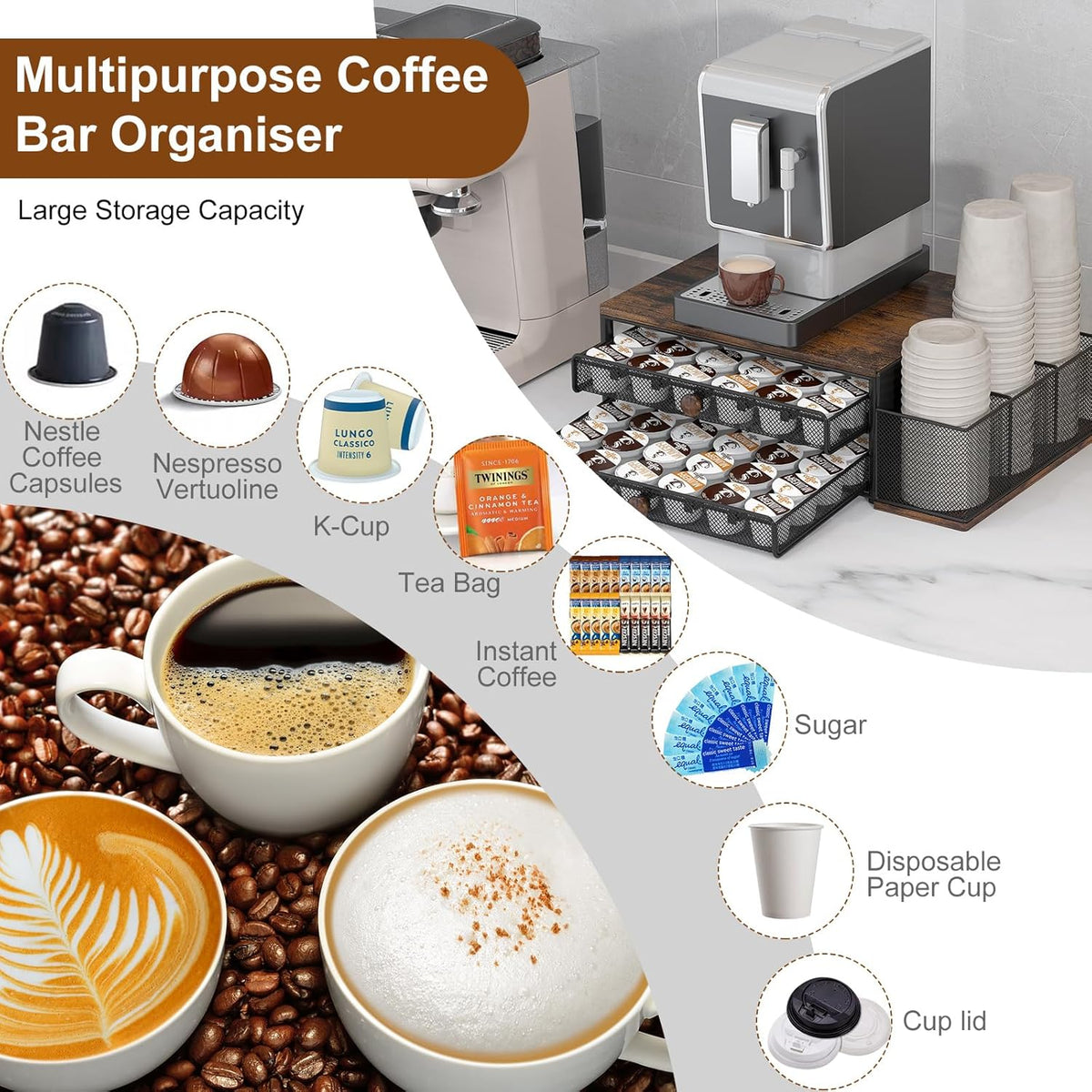TQVAI K Cup Holder - 60 Capsule Capacity 2 Tier Sliding Pods Storage Drawer with Disposable Cups & Lids Holder, Coffee Bar Station Organizer for Countertop, Black