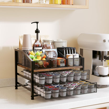 Homsorout Coffee Bar Organizer - Coffee Station for Countertop, Metal and Wood K Cup holder Storage Basket for Coffee Pods, Syrup, Cups, Stirrer, Coffee Condiment, Tea Organizer, Black and Brown