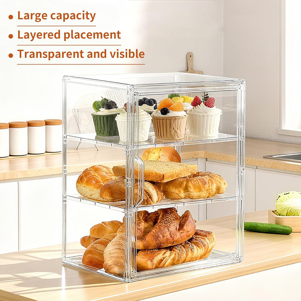 SANKEU Pastry Display Case,Bread Box for Kitchen Countertop,4 Layers Adjustable Clear Bread Storage with Magnetic Door Bakery Pastry Display15.5x11.4x9.8inch，1 Pack