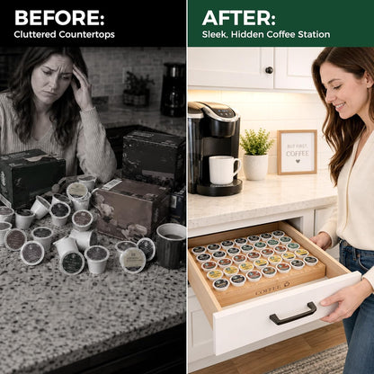 MinBoo BamBoo k cup holder Drawer or Countertop k cup Organizer Coffee Pod Holder Hold 35 Coffee Pod Storage Kcup coffee pods holder for coffee station Office and Kitchen k cup storage
