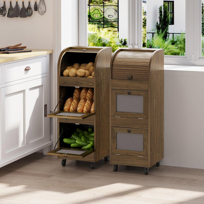 Movable Potato and Onion Storage Box with Wheels,Wooden Vegetable Storage Box,Food Storage Room with Grocery Area,Sliding Design,Modern Farmhouse Style，Suitable for Kitchen (potato bin-Walnut-02)