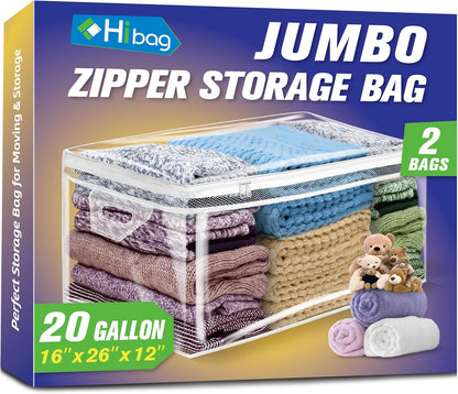 HIBAG 20 Gallon Large Storage Bag for Clothes, Zipper Clothing Storage Bag, Clear Organizer with Reinforced Handles, for Comforters Blankets Pillows Bedding