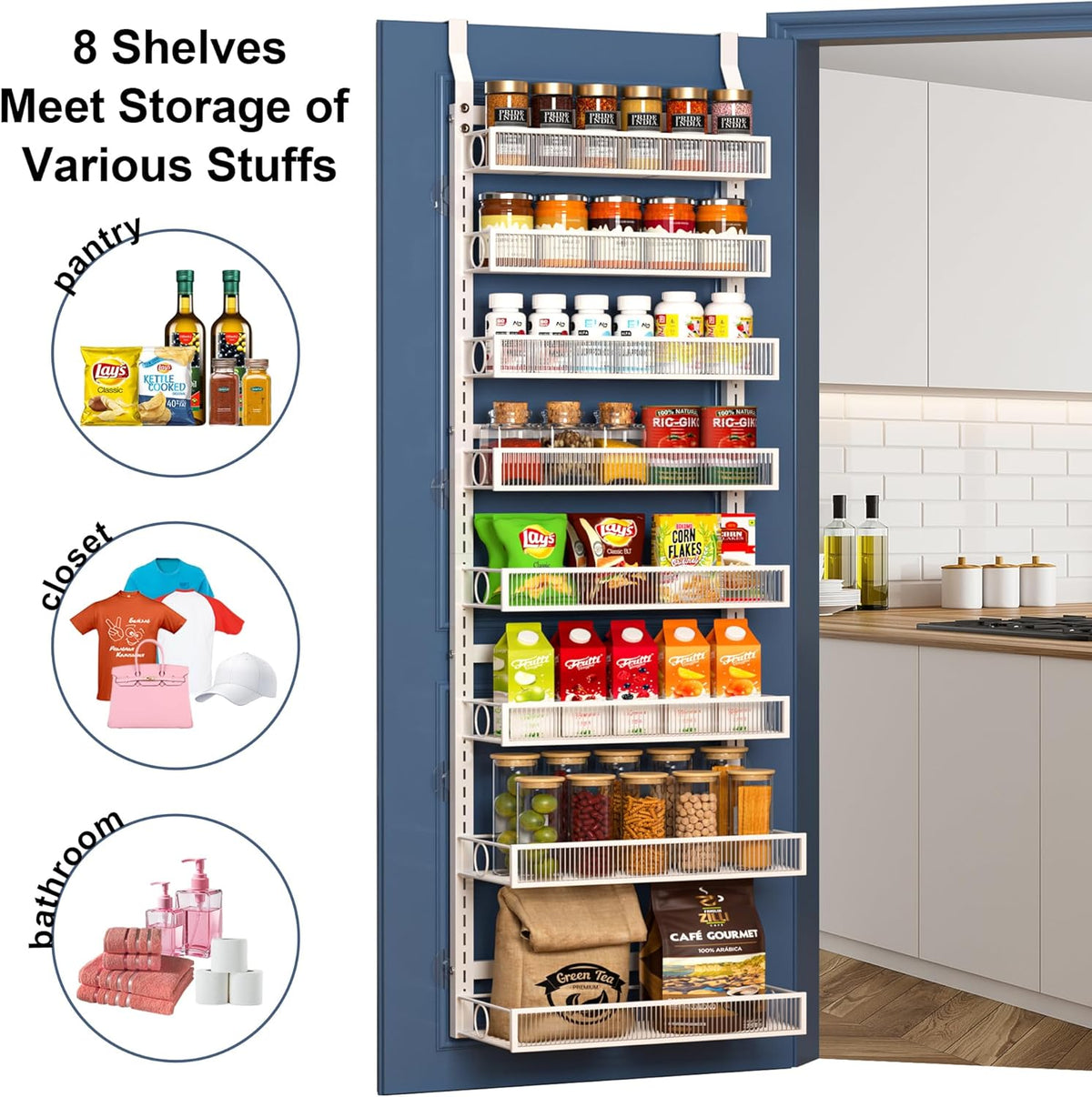 Over the Door Pantry Organizer 8 Tier Hanging Door or Wall Mounted Spice Rack with Adjustable Acylic Basket,Heavy Duty Metal Seasoning Storage Shelf for Kitchen Pantry and Bathroom