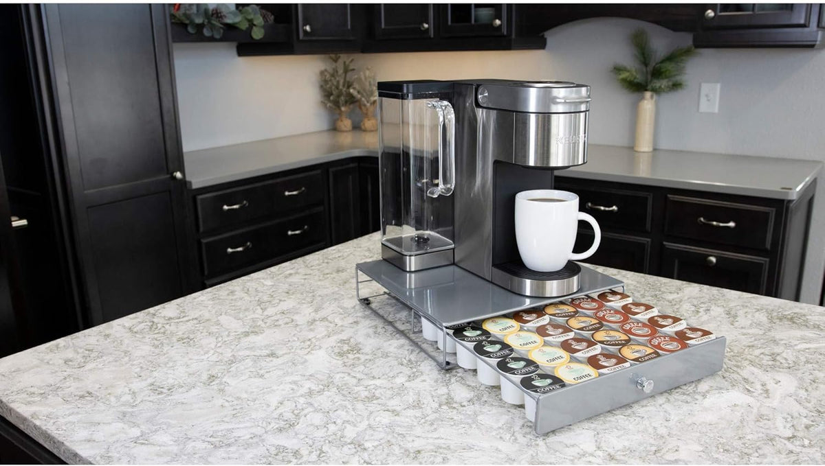Nifty Coffee Pod Drawer – Compatible with K-Cups, 36 Pod Pack Holder, Non-Rolling, Compact Under Coffee Pot Storage Sliding Drawer, Home Kitchen Counter Organizer, Black