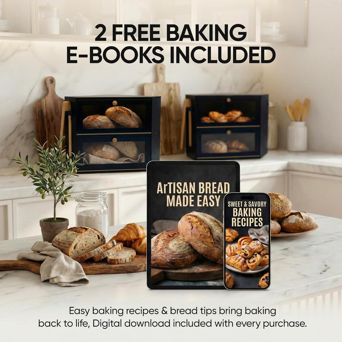 Corner Bread Box for Kitchen Countertop – Bamboo Bread Box with Airtight Design, Dual Divided Compartments, Magnetic Closures, Non-Slip Feet, Clear Windows, Tongs & 2 Free Baking Books -Black