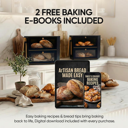 Corner Bread Box for Kitchen Countertop – Bamboo Bread Box with Airtight Design, Dual Divided Compartments, Magnetic Closures, Non-Slip Feet, Clear Windows, Tongs & 2 Free Baking Books -Black